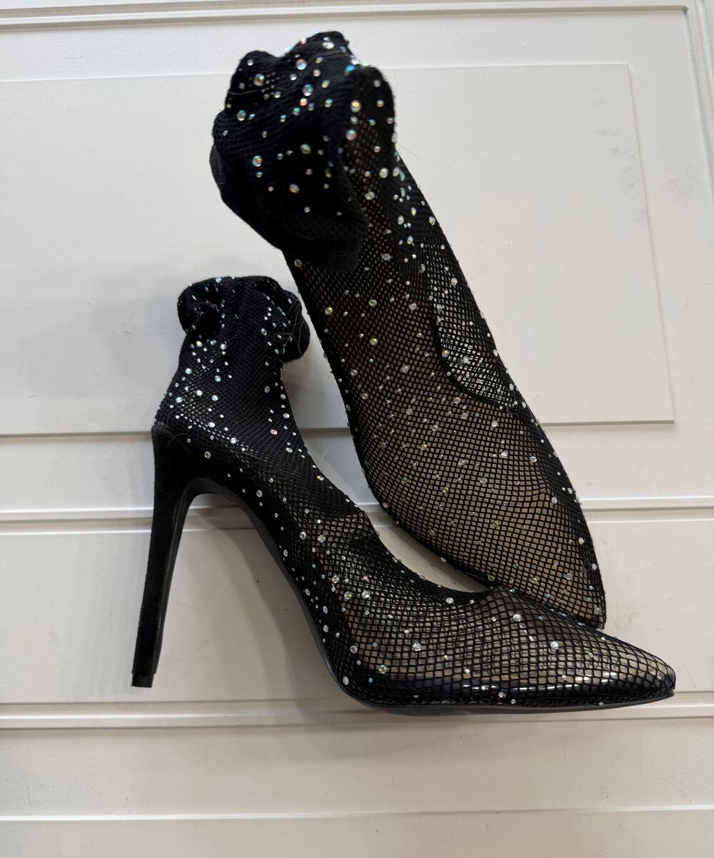 Azalea Wang Womens Sz 8.5 Bling Me Black Mesh Rhinestone Booties Heels